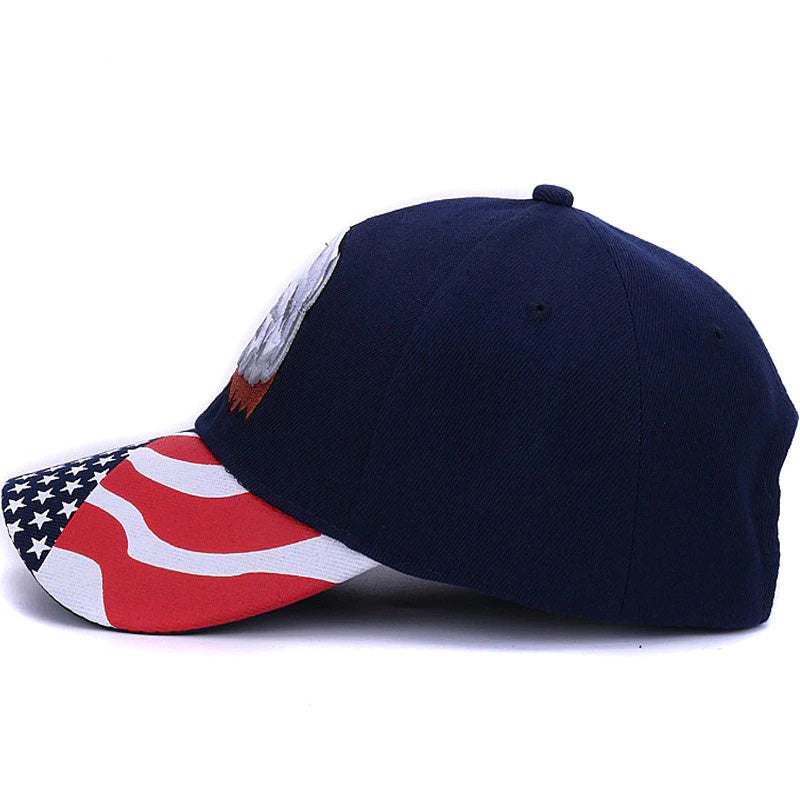 Side view of a unisex baseball cap with eagle embroidery and patriotic American flag design.