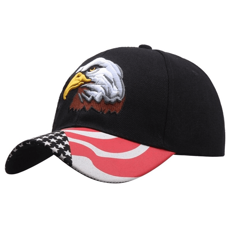 Stylish unisex baseball cap with eagle embroidery and patriotic flag design, perfect for outdoor wear.