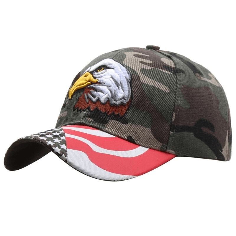 Cool unisex baseball cap with eagle embroidery and flag elements, perfect for outdoor adventures.