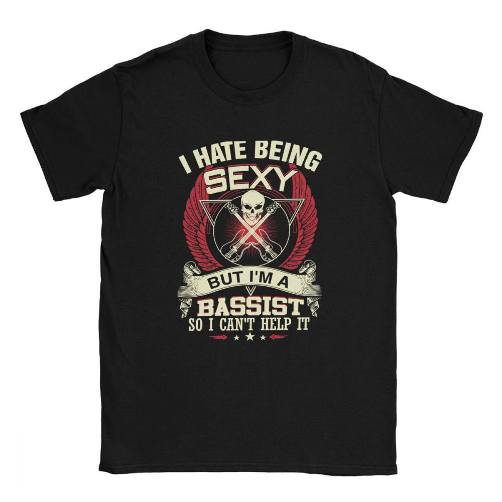 Men's black bass guitar t-shirt with funny 'I hate being sexy but I'm a bassist' graphic print.