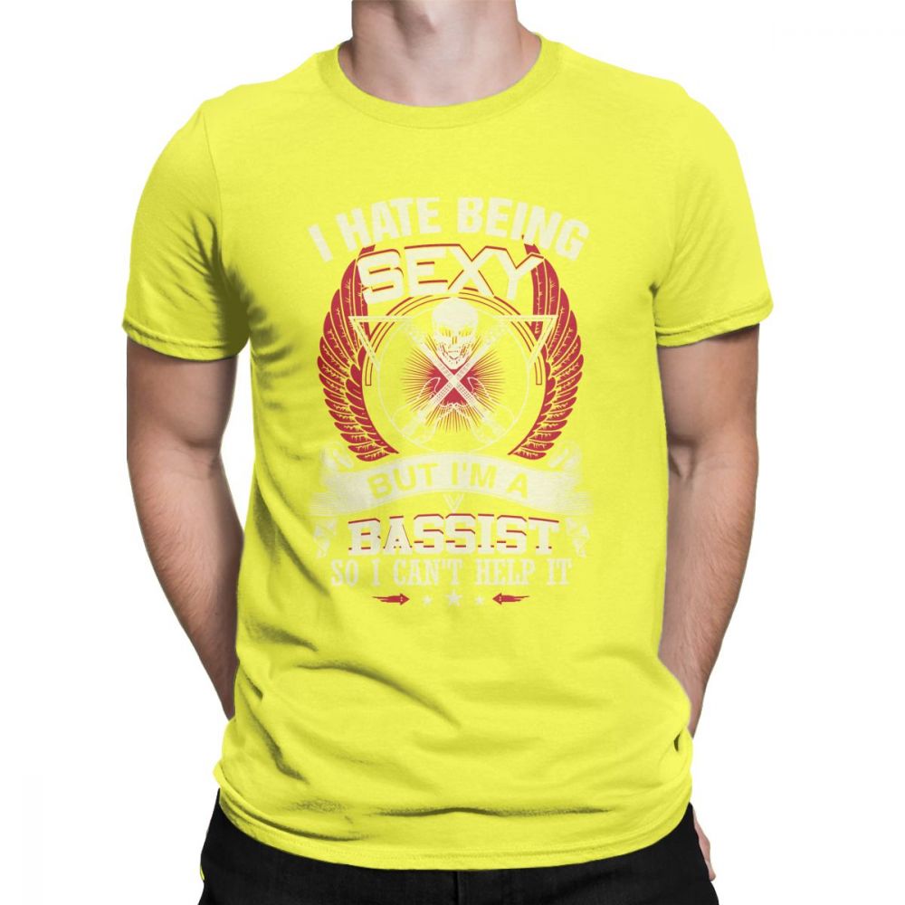Bright yellow bass guitarist t-shirt with a fun quote, perfect for music lovers and rock concert attire.