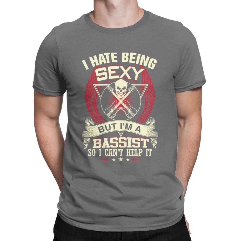 Men's bass guitarist t-shirt with humorous skull print and vintage rock style, perfect for music lovers.