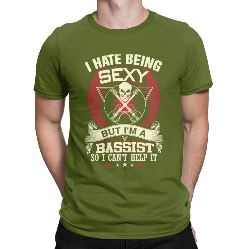 Green bass guitarist t-shirt with playful skull print, text saying 'I hate being sexy but I'm a bassist', perfect for rock fans.