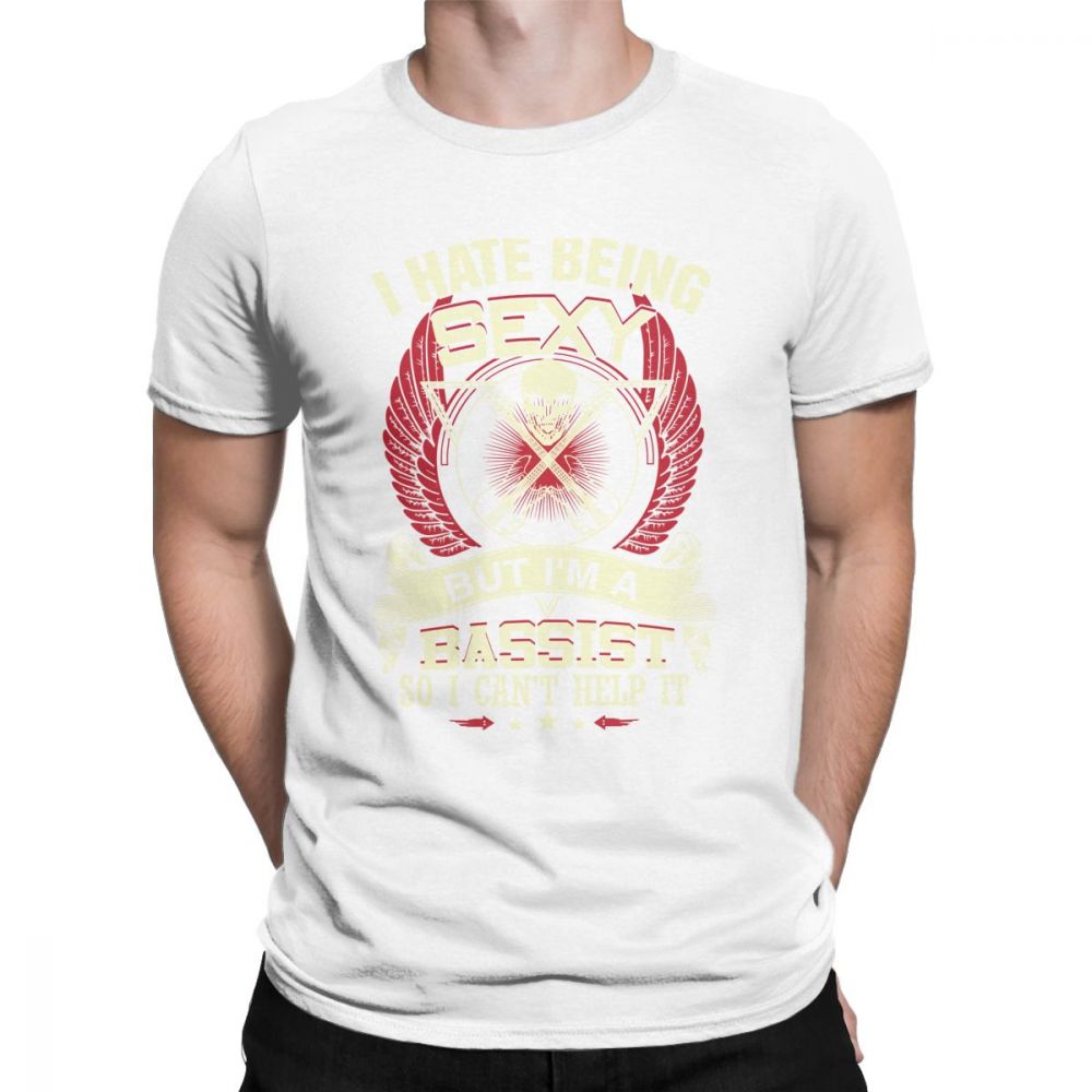 Men's white t-shirt with humorous bass guitarist print and wings, perfect for rock music fans and concerts.