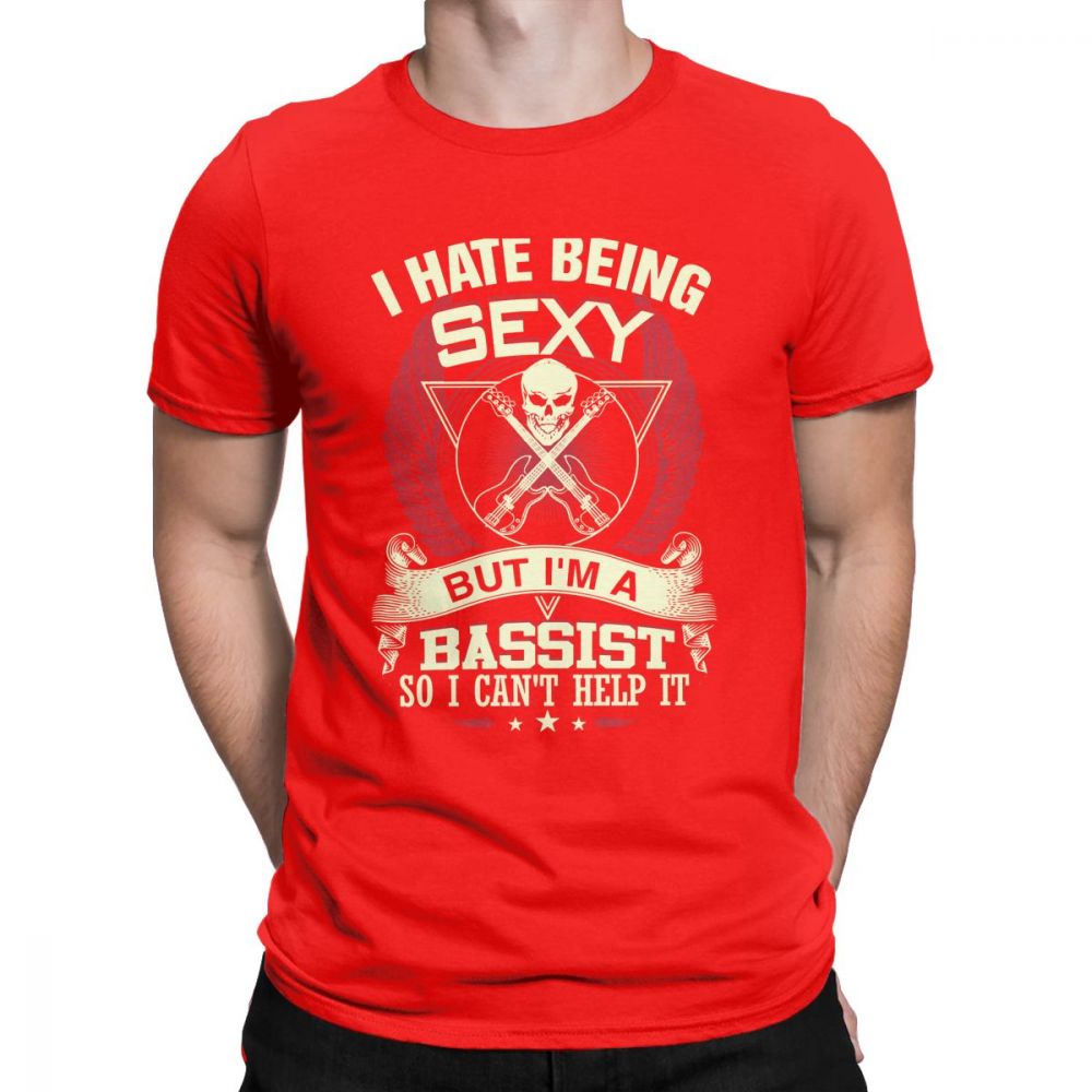 Red t-shirt with funny bass guitarist quote and skull design, perfect for rock music fans and concert wear.