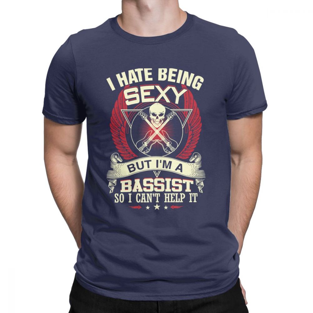 Men's bass guitarist t-shirt with skull and wings design, featuring 'I Hate Being Sexy But I'm A Bassist' text, perfect for rock fans.