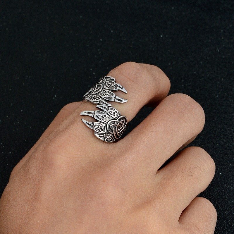 Bear Claw Stainless Steel Ring with Triquetra Symbol on a hand, showcasing Nordic style jewelry for men and women.