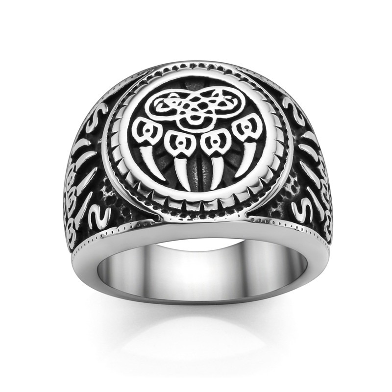 Bear Paw stainless steel talisman ring featuring intricate Celtic knot design for cool unisex jewelry.