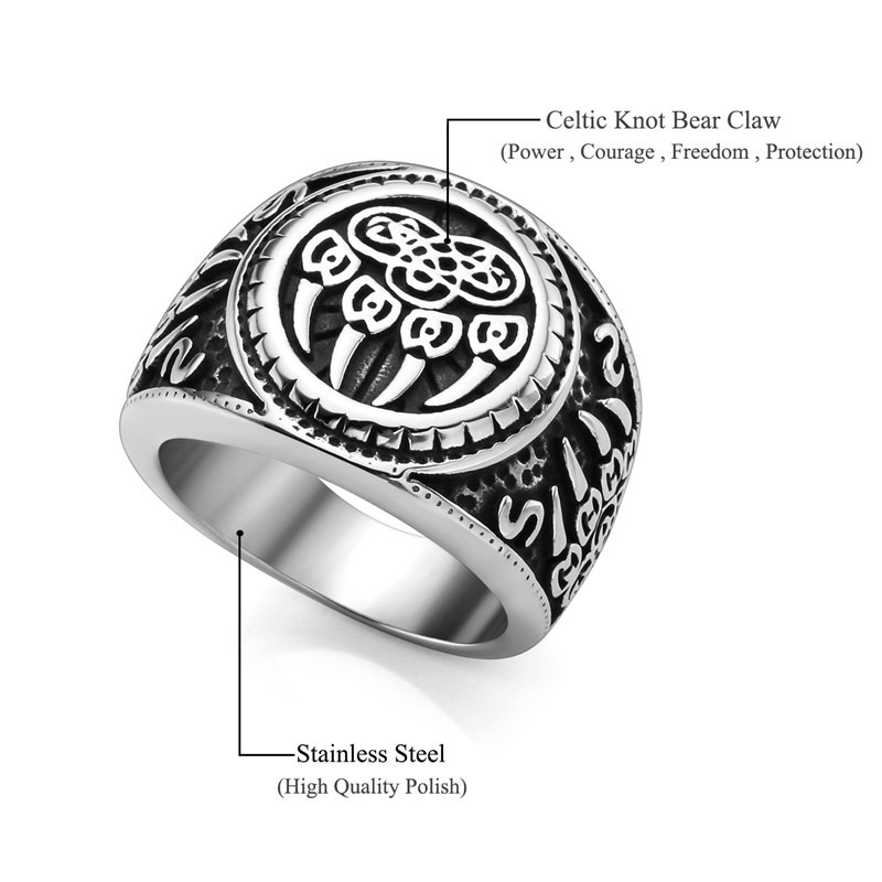 Bear Paw Celtic Knot Amulet Ring in stainless steel, a stylish unisex jewelry piece with Nordic design.