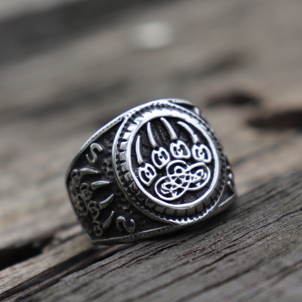 Bear Paw Stainless Steel Talisman Ring featuring Celtic Knot design, perfect for men and women, Nordic style jewelry.
