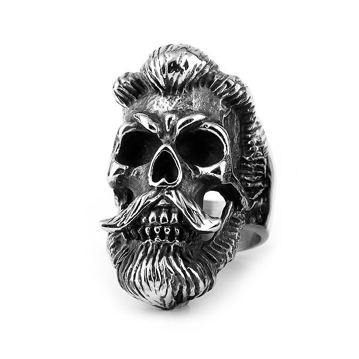 Bearded gentleman skull ring with mustache, crafted from stainless steel, perfect for biker and gothic fashion.
