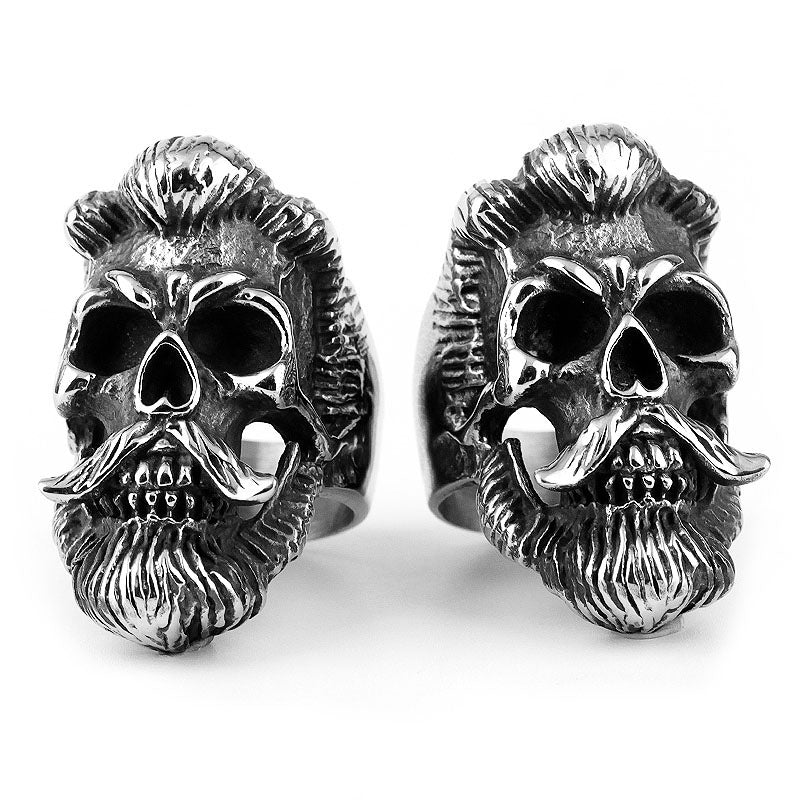 Bearded gentleman skull rings in stainless steel, perfect for gothic fashion and biker style accessories.