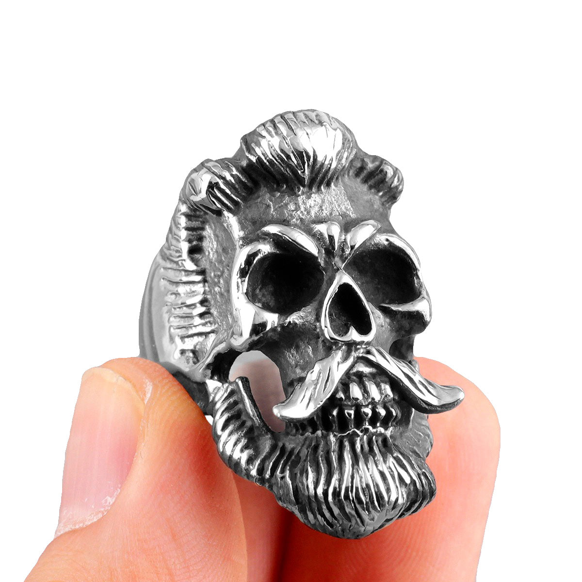 Stainless steel ring featuring a bearded gentleman skull with mustache, perfect for biker and gothic fashion.