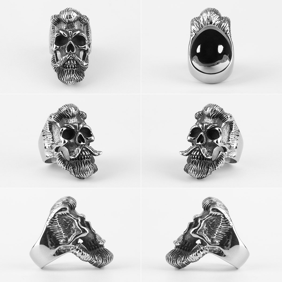 Bearded gentleman skull ring in stainless steel, gothic jewelry, badass biker accessory, stylish rocker outfit.