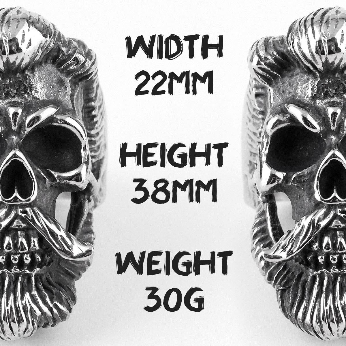 Bearded gentleman skull ring dimensions: width 22mm, height 38mm, weight 30g for stylish gothic biker fashion.