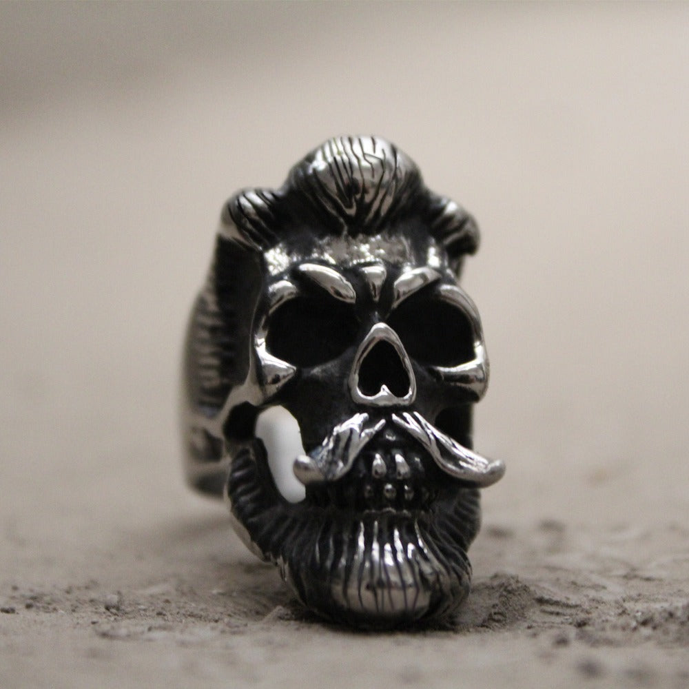Bearded gentleman skull ring in stainless steel, perfect for biker and gothic fashion enthusiasts.
