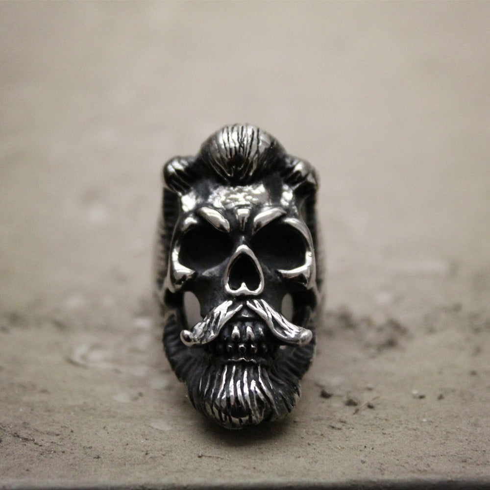 Bearded gentleman skull ring in stainless steel, featuring mustache. Perfect gothic accessory for biker outfits.