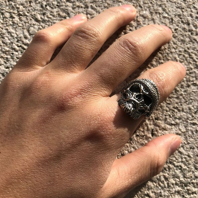 Men's Gothic punk rock skull ring in 925 sterling silver, showcasing intricate design on hand.