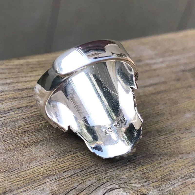 Bearded skull ring in 925 sterling silver with Gothic design, showcasing unique punk rock style for bikers.