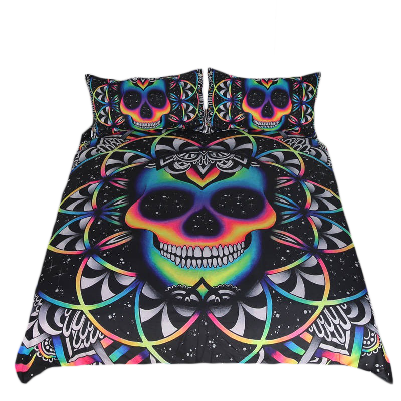 Bedding set with colorful skull print in gothic mandala style, perfect for stylish and spooky bedroom decor.