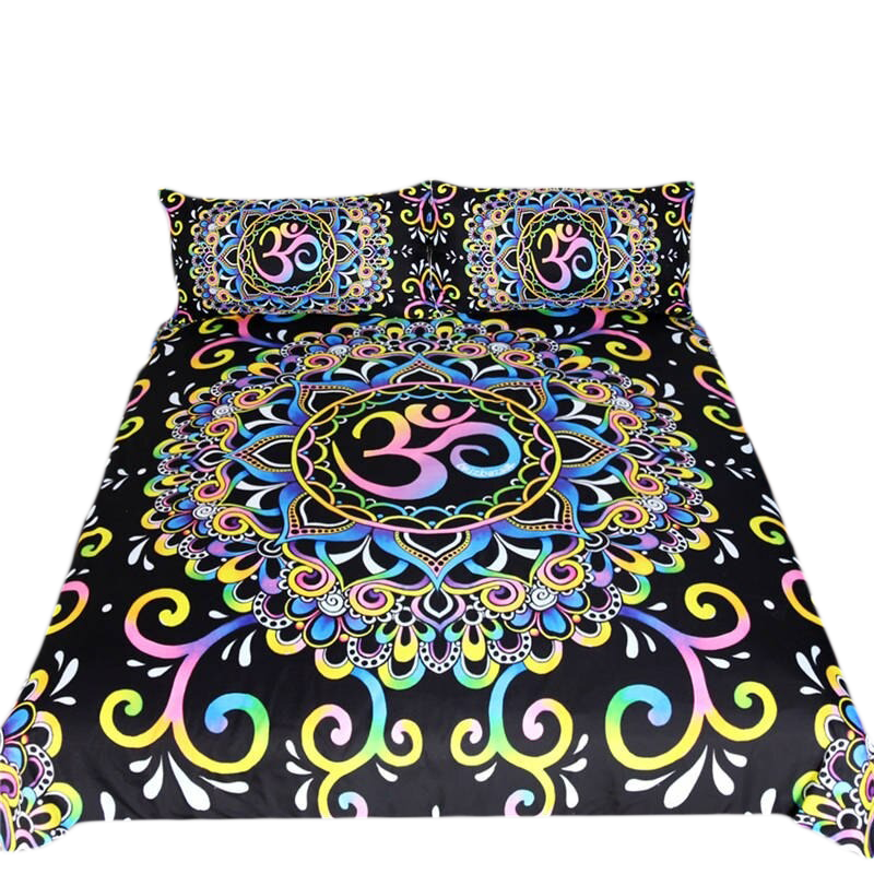 Colorful mandala bedding set with OM symbol on a black background, perfect for vibrant gothic style decor.