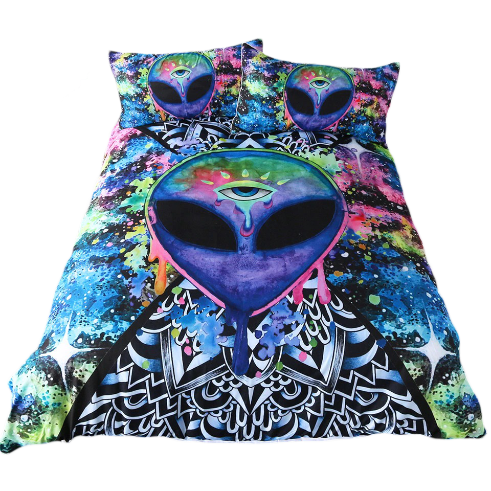 Colorful alien-themed bedding set with vibrant cosmic design, featuring eye-catching graphics on bedspread and pillows.