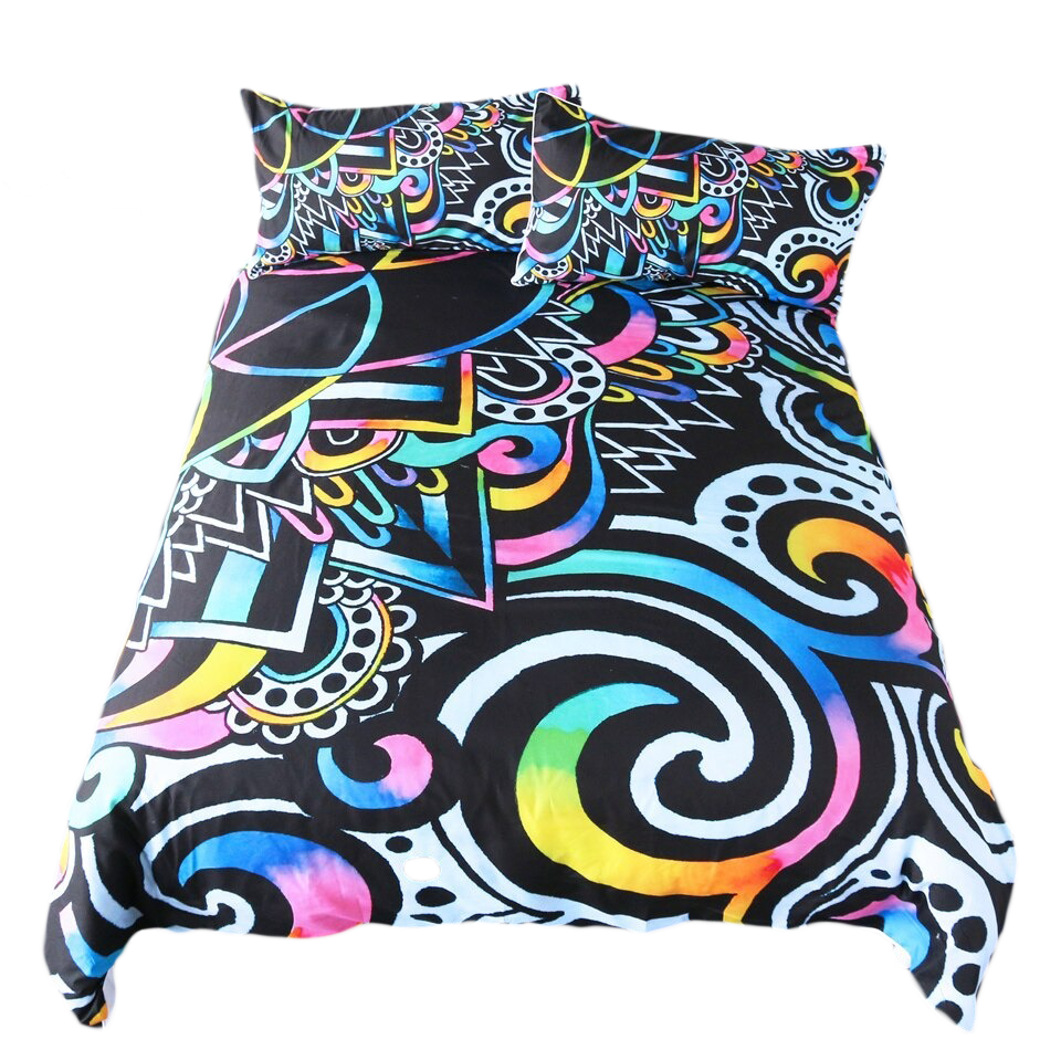 Colorful mandala bedding set with vibrant patterns and matching pillow covers, perfect for a stylish gothic bedroom.