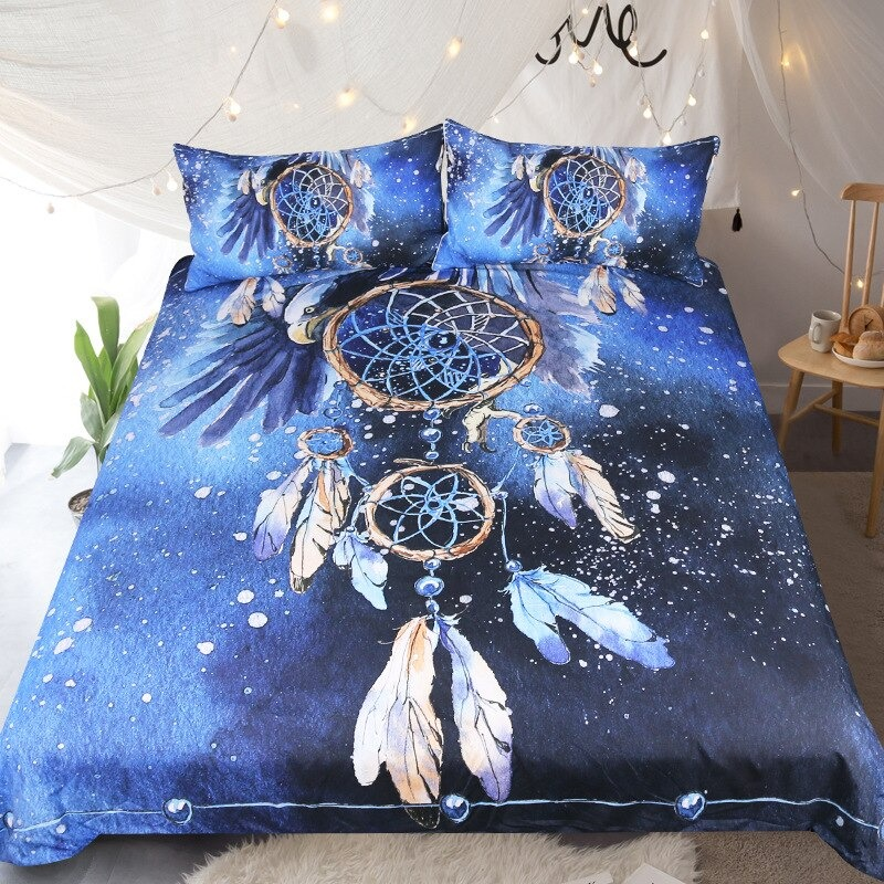 Colorful queen size bedding set with blue dreamcatcher and feather print in alternative style for gothic home decor.