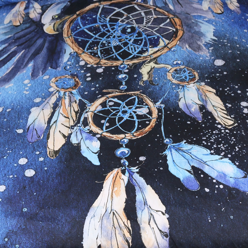 Colorful bedding set featuring printed blue dreamcatchers and feathers, perfect for gothic home decor.
