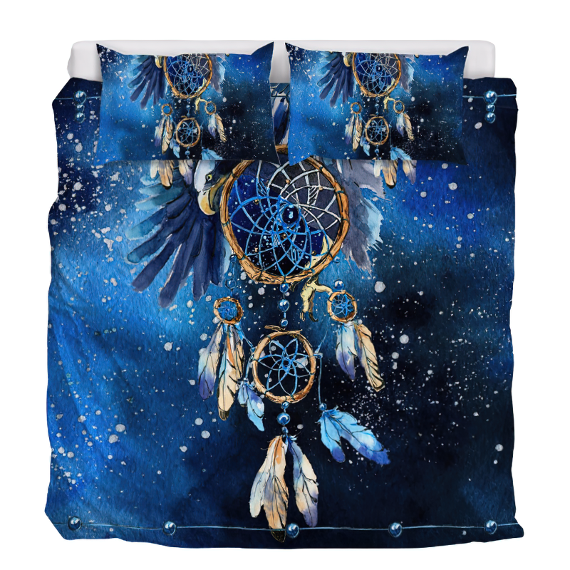 Colorful bedding set featuring a blue dreamcatcher and feather print, perfect for gothic home decor and stylish bedrooms.