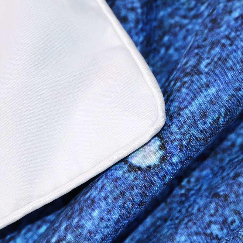 Close-up of blue bedding set featuring a stylish feather print and white pillow, perfect for gothic home decor.