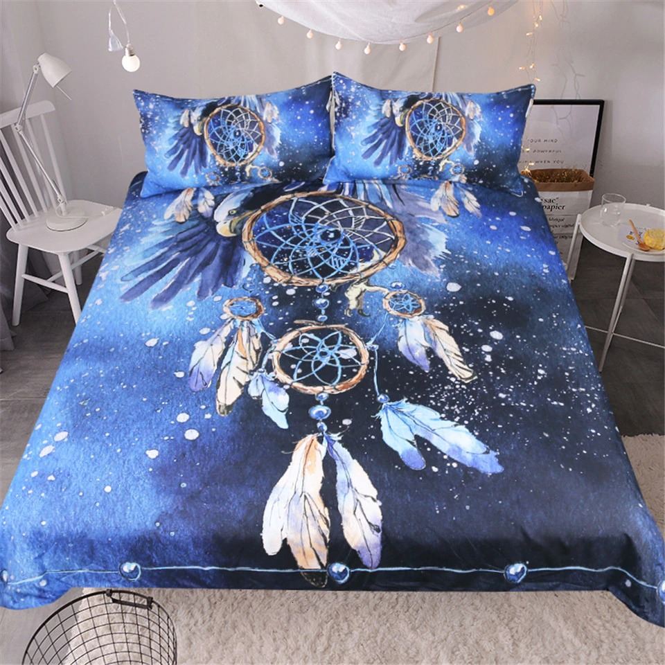Colorful bedding set with blue dreamcatcher and feather print, perfect for stylish gothic home decor.