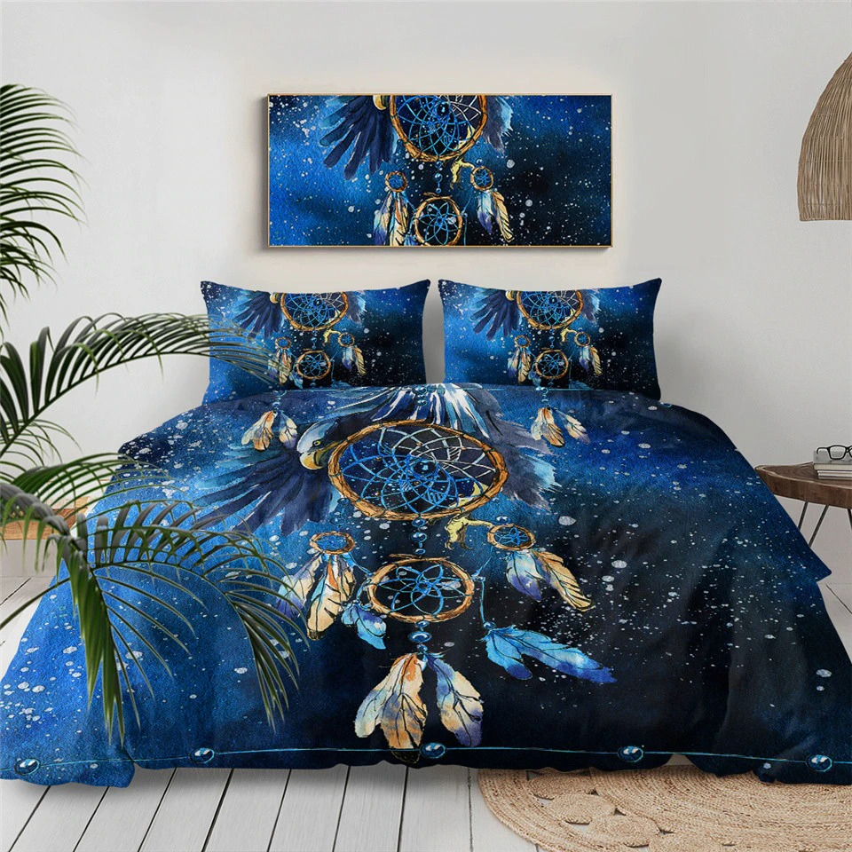 Colorful bedding set featuring a blue dreamcatcher design, perfect for gothic home decor in queen size.