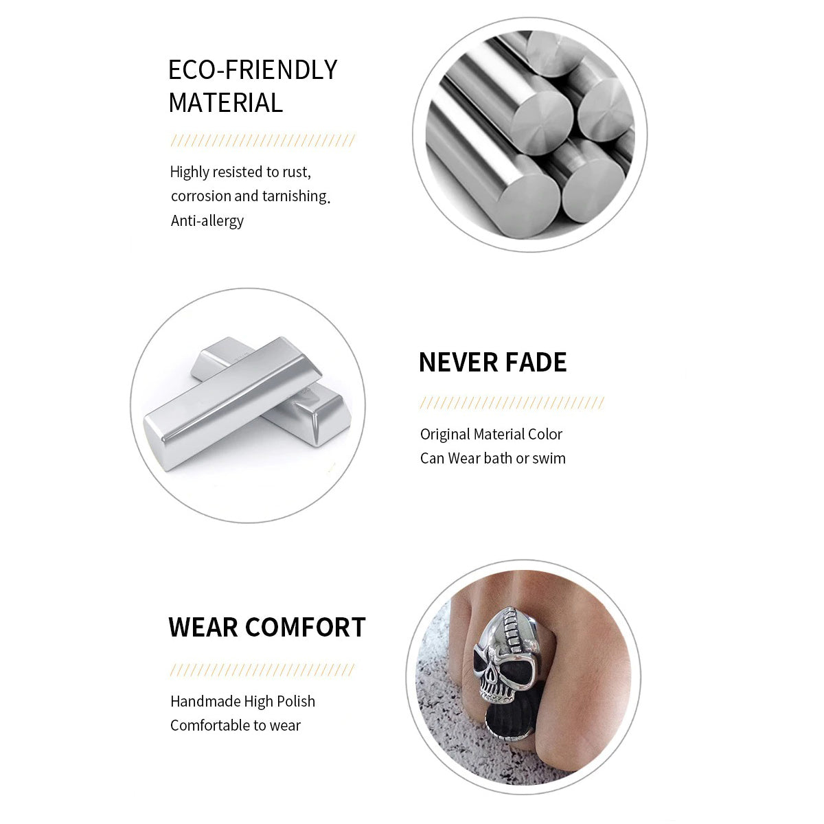 Gothic skull ring features, eco-friendly metal, never fading finish, and comfortable wear for stylish punk fashion.