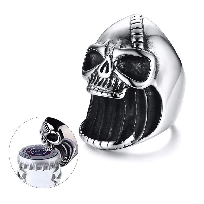 Gothic skull ring beer bottle opener in silver, perfect for punk fashion lovers and unique accessories.