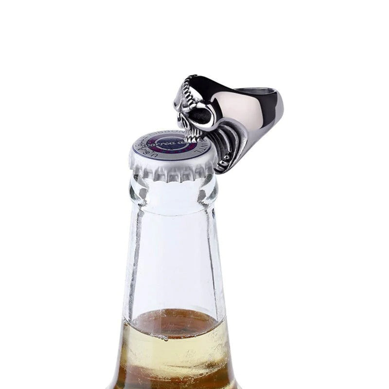 Gothic skull ring used as a beer bottle opener, perfect for punk fashion enthusiasts. Unique silver color metal design.