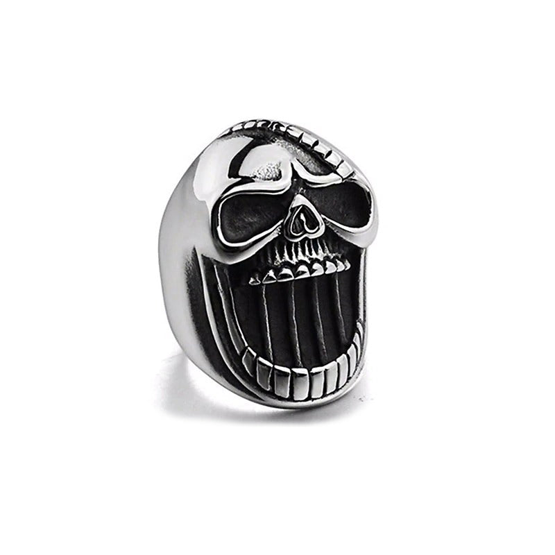 Gothic skull ring beer bottle opener in silver metal, perfect for punk fashion enthusiasts.