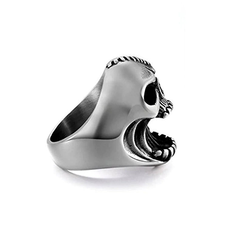 Gothic skull ring bottle opener in silver metal, perfect for punk fashion and unique rock outfits.