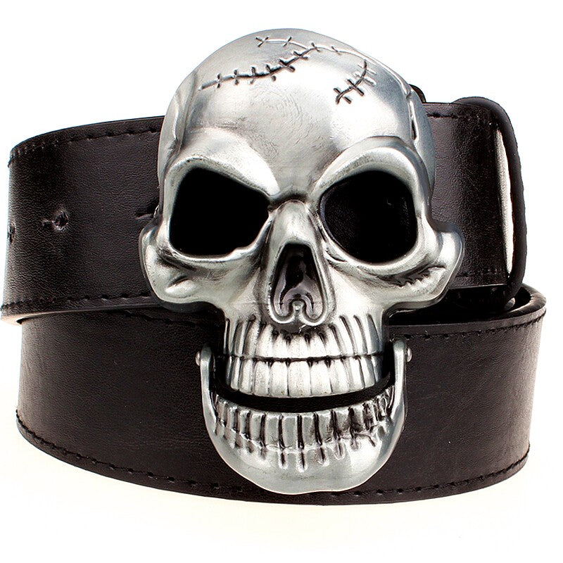 Rock-style leather belt featuring a large iron skull buckle, made of genuine cowhide leather for durability.