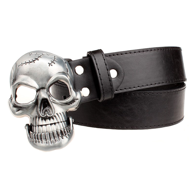 Rock-style leather belt featuring a large metallic skull buckle, crafted from genuine cowhide for durability.