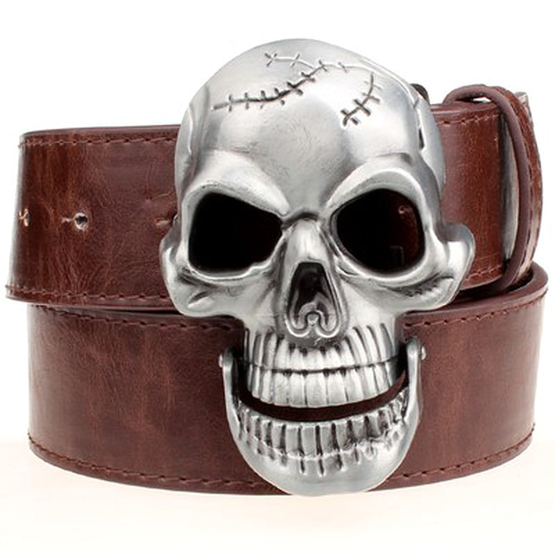 Rock-style leather belt with large iron skull buckle, perfect for edgy fashion enthusiasts.
