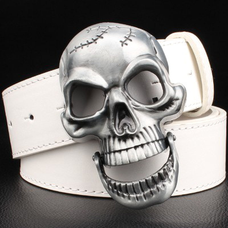 Stylish rock-style leather belt with a large iron skull metal buckle, perfect for a bold fashion statement.