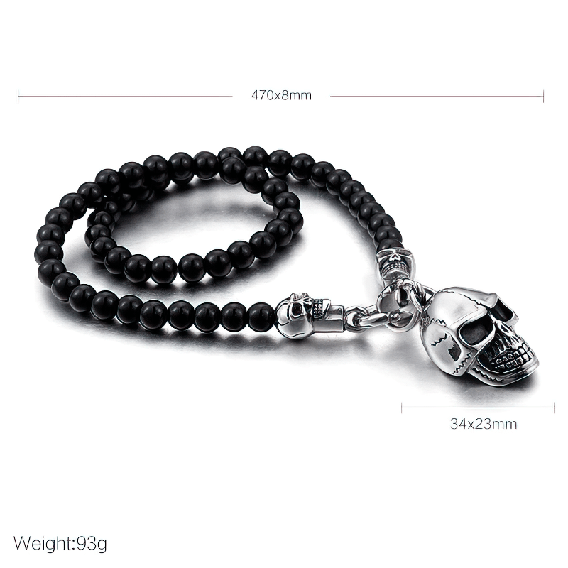Biker chain necklace with black glass beads and rock-style stainless steel skull pendant.