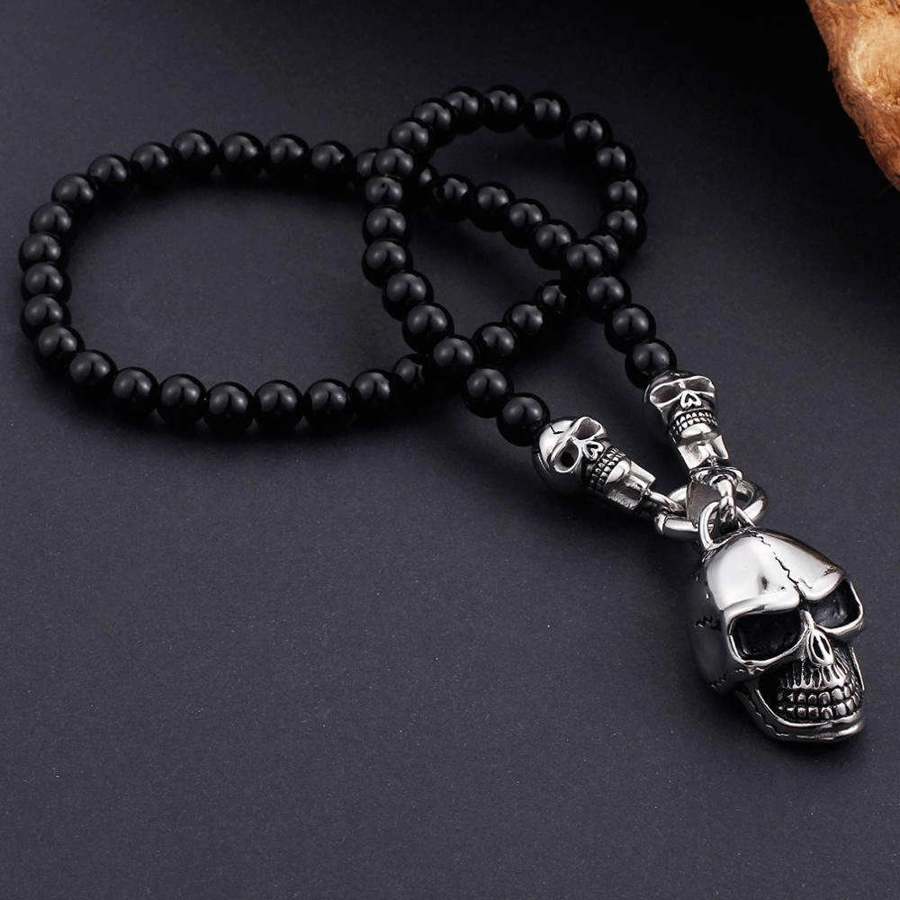 Biker Chain Necklace Glass Beads / Rock Style Stainless Steel Skull Pendant - HARD'N'HEAVY
