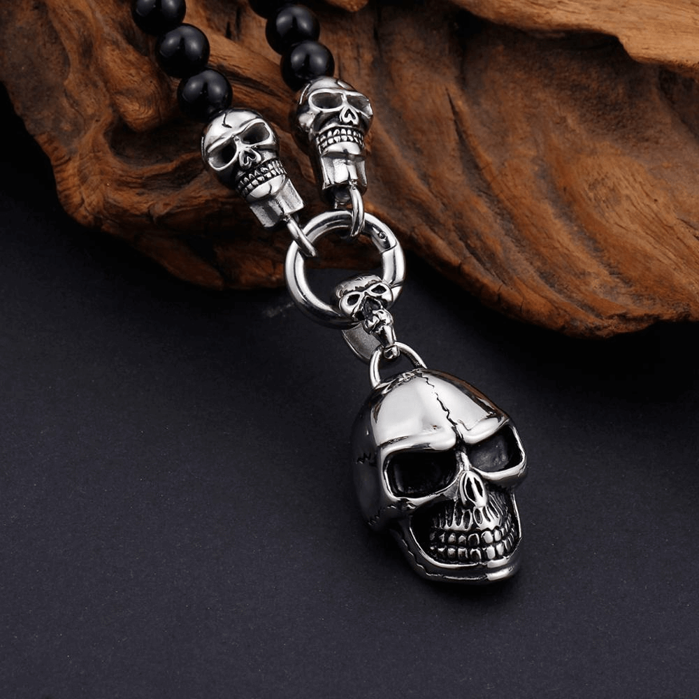 Biker Chain Necklace Glass Beads / Rock Style Stainless Steel Skull Pendant - HARD'N'HEAVY