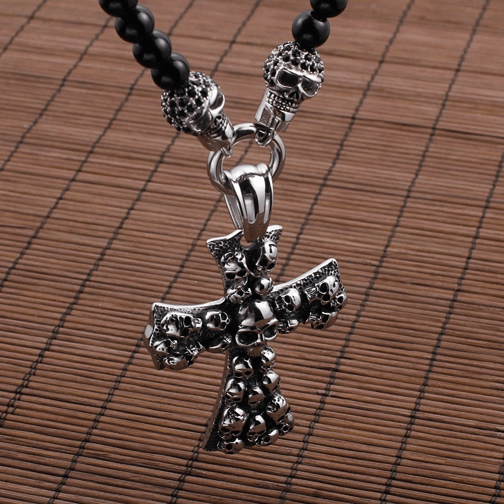 Biker Chain Necklace Shiny Glass Beads / Stainless Steel Cross Pendant in Rock Style - HARD'N'HEAVY
