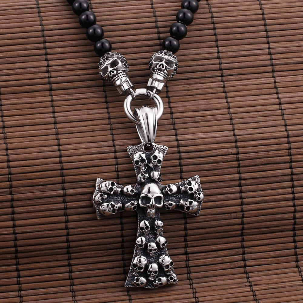 Biker Chain Necklace Shiny Glass Beads / Stainless Steel Cross Pendant in Rock Style - HARD'N'HEAVY