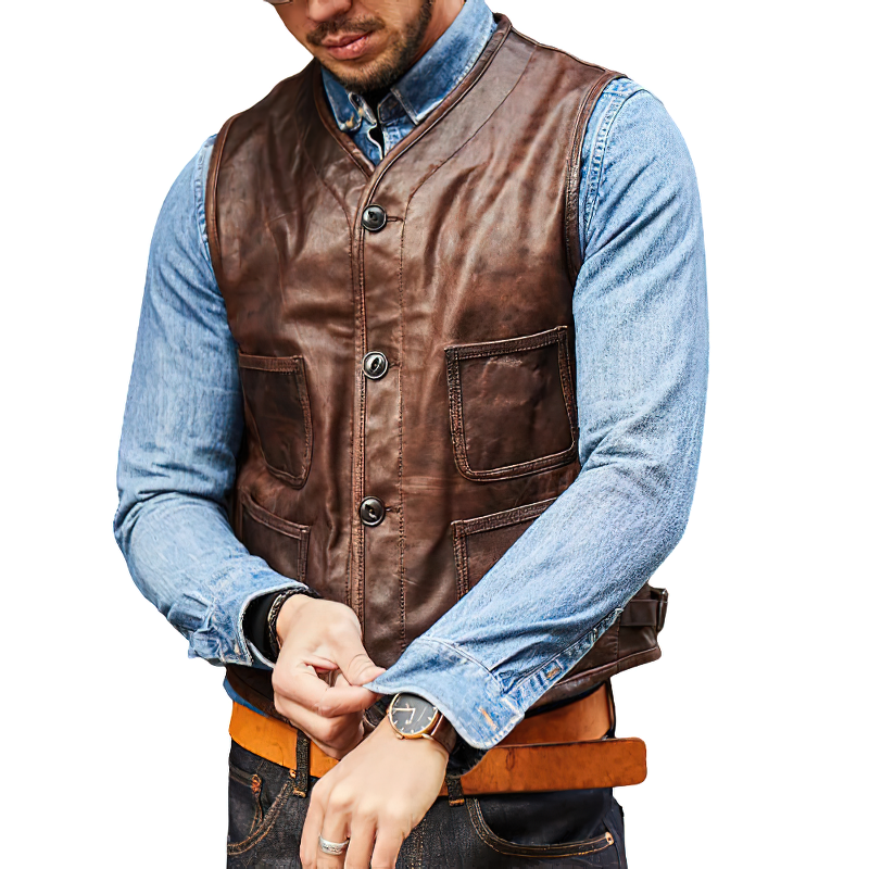 Biker genuine leather slim fit vest worn over a denim shirt, showcasing pockets and a stylish look for alternative fashion.