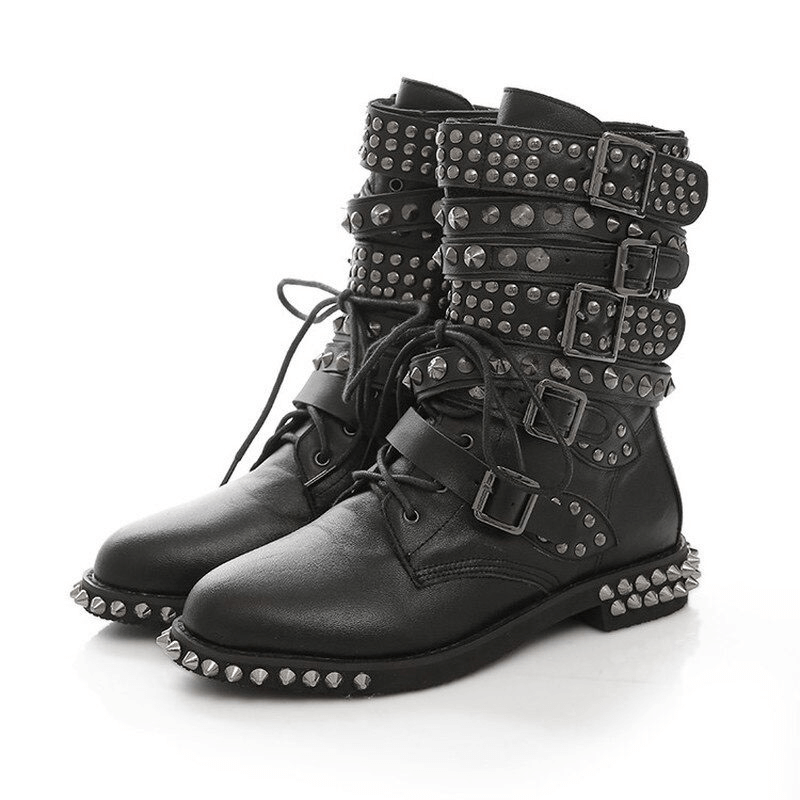 Biker genuine leather women's ankle boots with rivets, buckles, and studs, perfect for autumn/winter fashion.