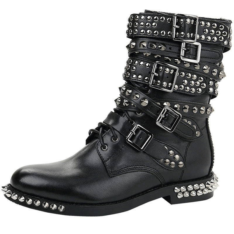 Biker Genuine Leather Womens Boots / Round Toe Autumn/Winter Motorcycle Rivet Ankle Boots in Black - HARD'N'HEAVY